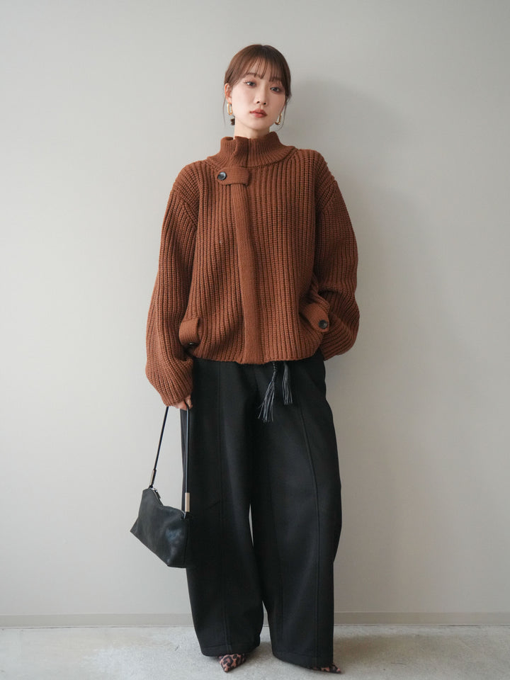[SET]畦編みボトルネックZIPニットカーディガン+ベルト付裏起毛センターシームカーブパンツ(2set)