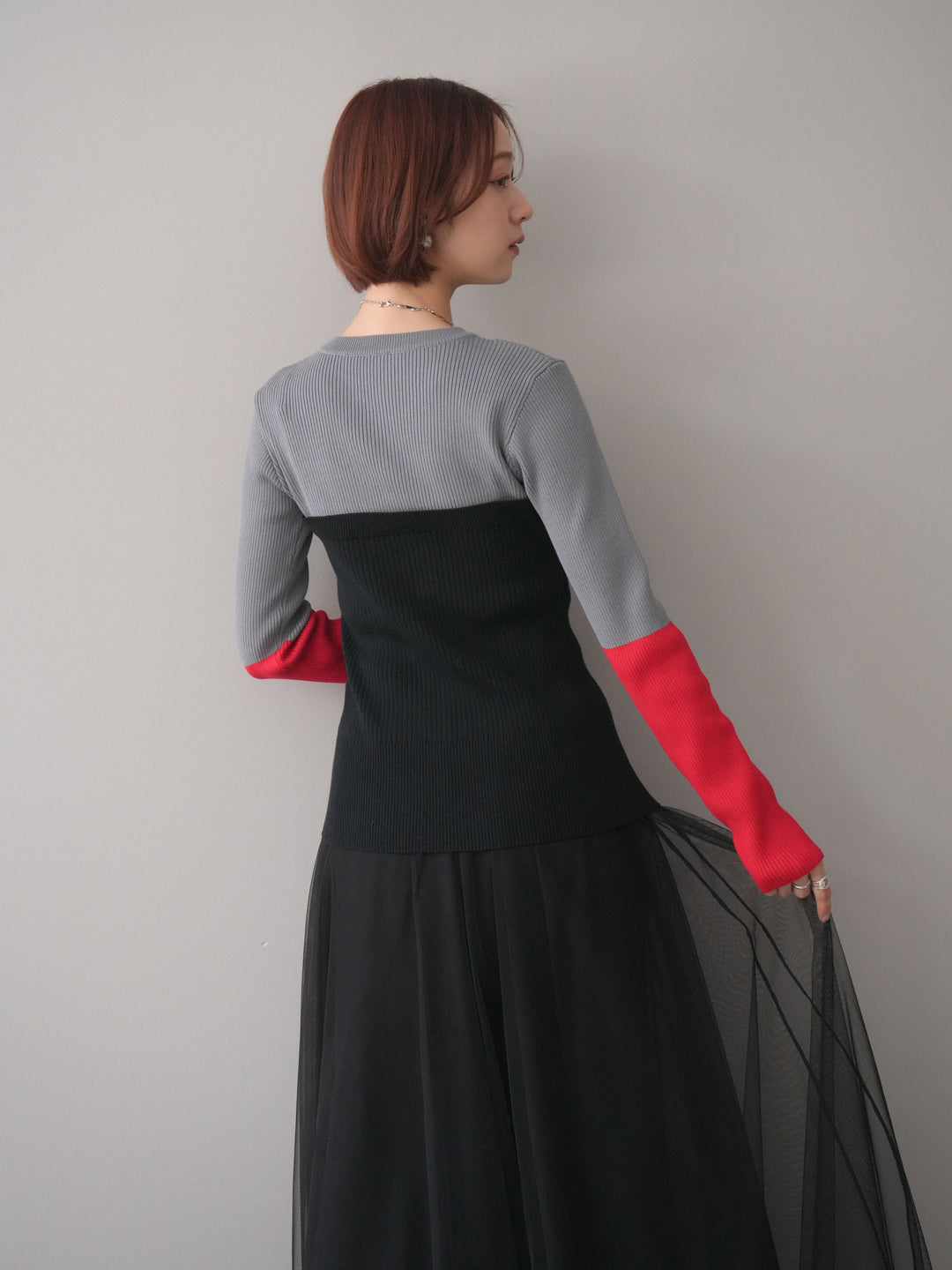 [SET]配色ビスチェドッキングリブニットトップス+選べるアクセセット(2set)