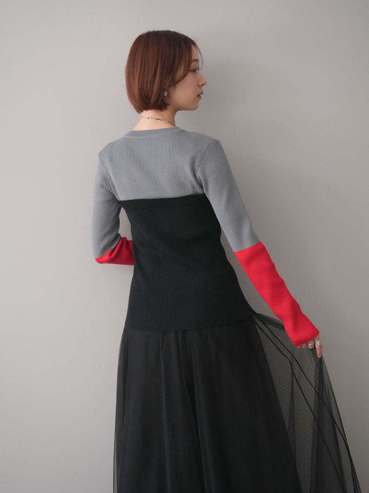 [SET]配色ビスチェドッキングリブニットトップス+選べるアクセセット(2set)