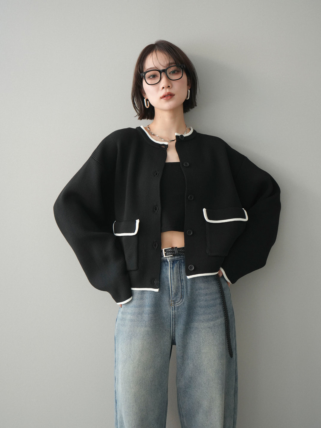 [SET]ポリエステル配色ニットカーディガン+ポリエステル配色ニットカーディガン(2set)