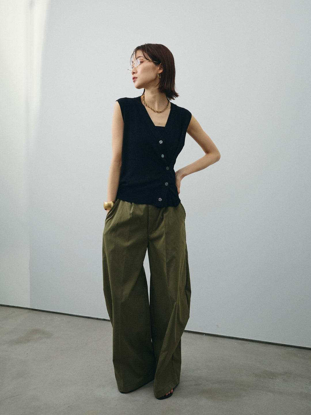 [SET]クールタッチ2WAYデザインニットベスト+コクーンワイドチノパンツ(2set)