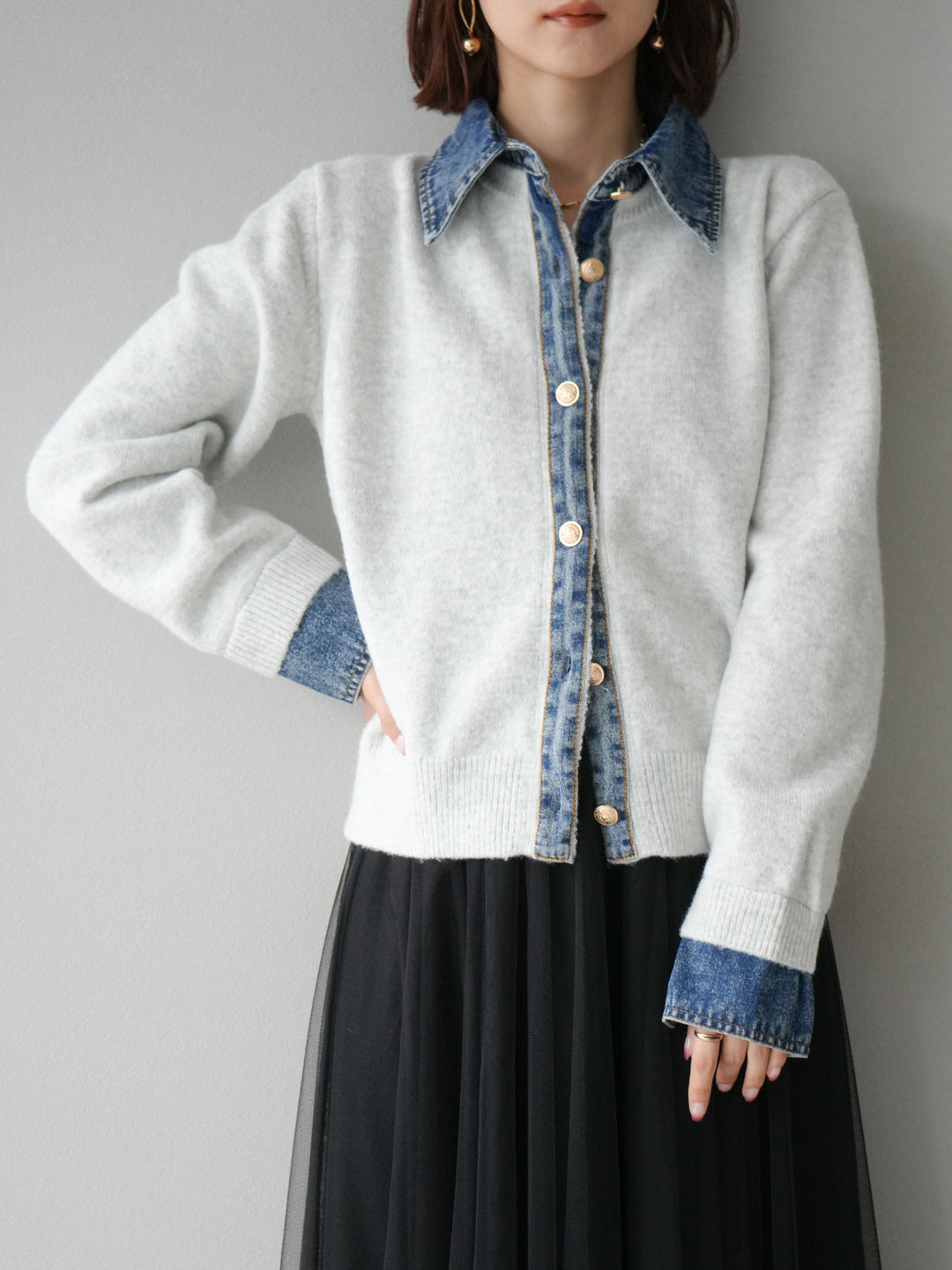 [SET]デニム襟ボタンニットカーディガン+チュールボリュームスカート(2set)