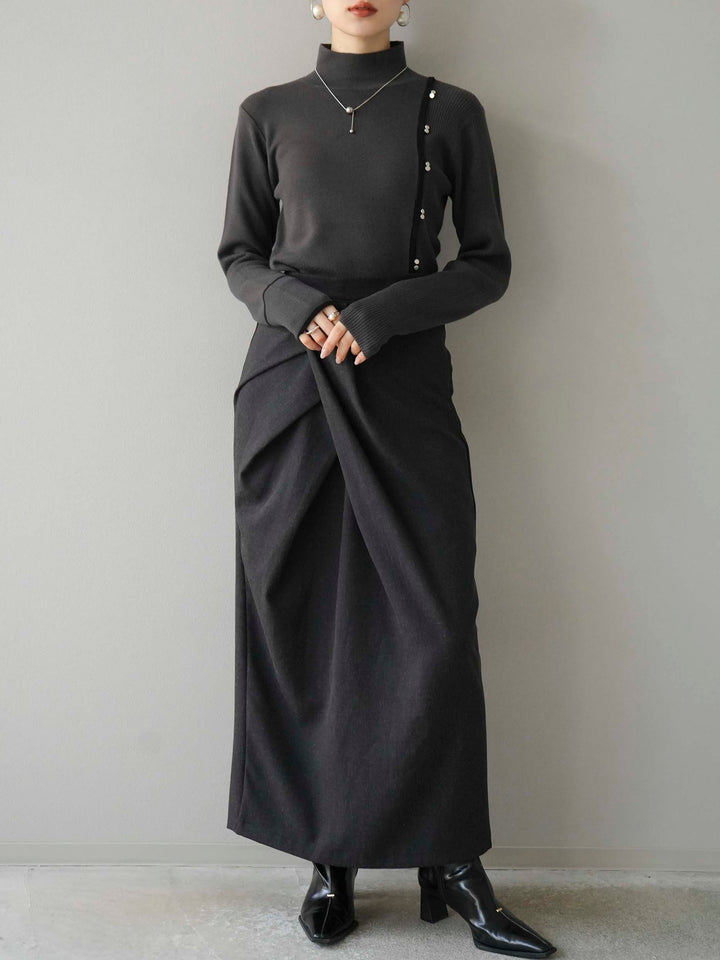 [預訂] 瓶頸配色設計紐扣針織上衣/炭灰