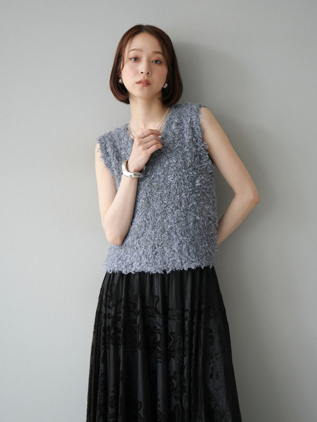 [SET]テープヤーンフリンジニットベスト+アンティーク柄フロッキーマキシスカート(2set)