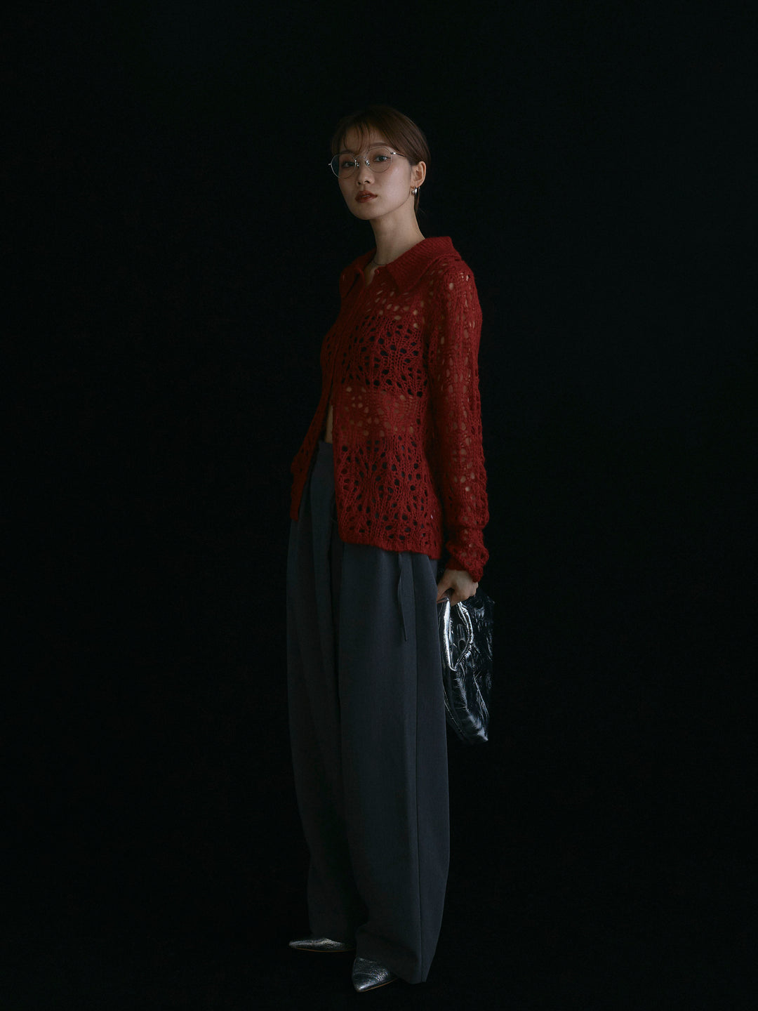 【Allure】[SET]ローゲージ透かし編みポロニッカーディガン+ラップデザインタックワイドパンツ(2set)