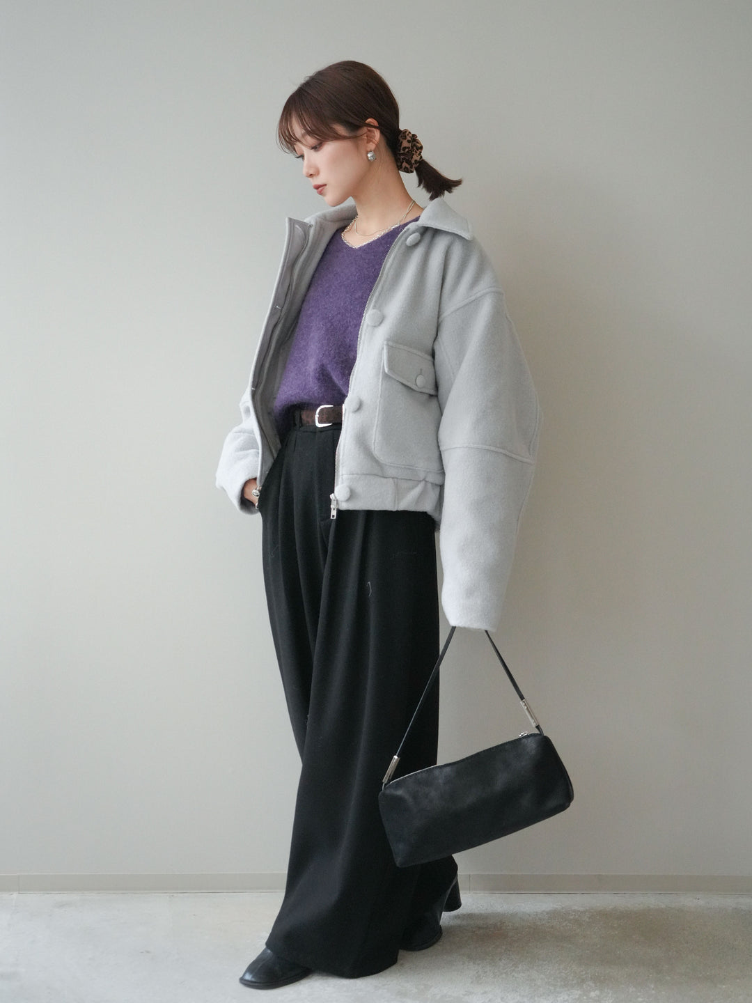 [予約]アニマル柄ベルト付きウールタッチワイドパンツ/black