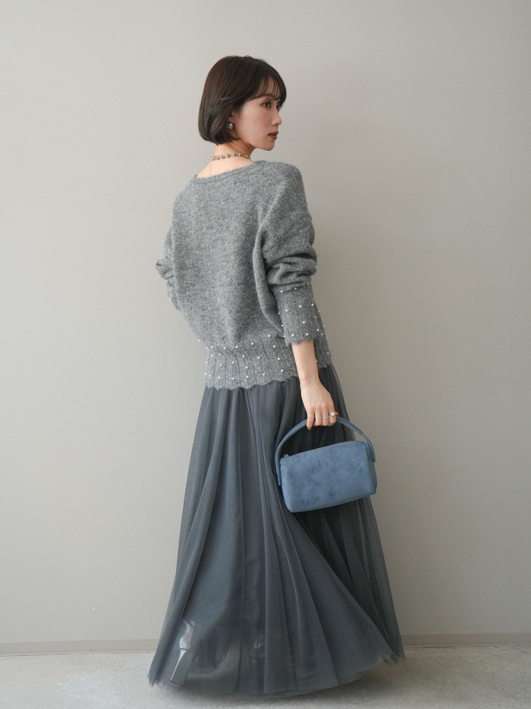 [SET]パールフリルリブヘムニットプルオーバー+チュールボリュームスカート(2set)