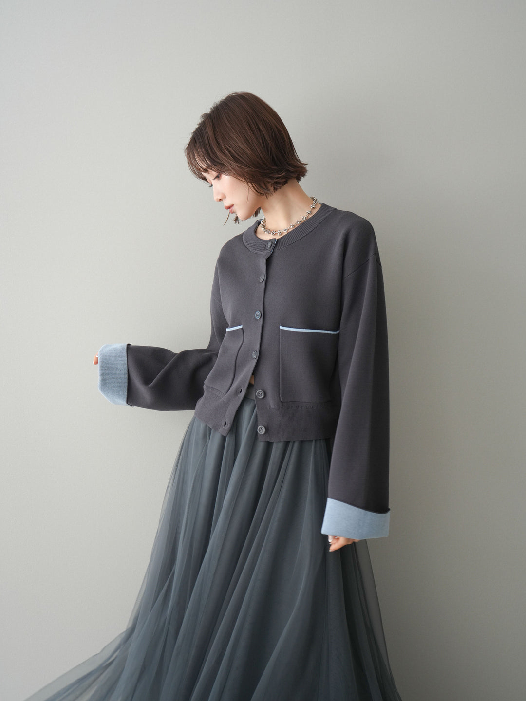 [SET]レーヨンポリダブルフェイスニットカーディガン+チュールボリュームスカート(2set)