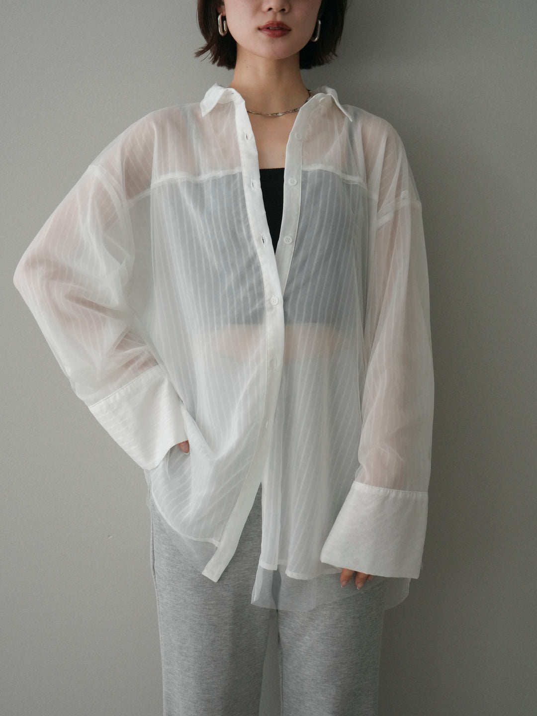[予約]チュールレイヤードストライプシアーシャツ/offwhite
