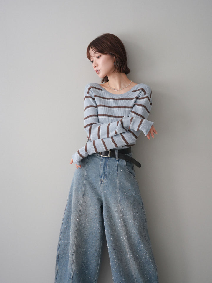 [予約]バックオープンテレコリブマルチボーダートップス/blue