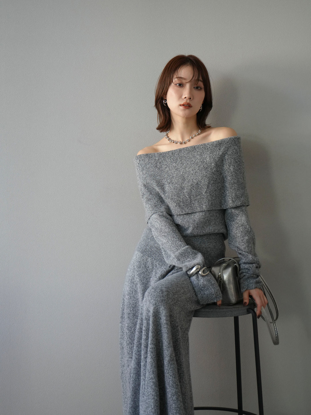 [予約]ミックスヤーンオフショルニットプルオーバー/グレー