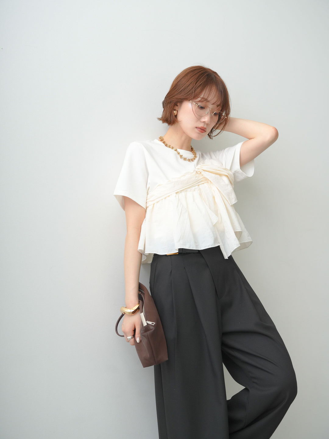 [SET]ナイロンドッキングツイストTEE +アシンメトリーベルトタックワイドパンツ(2set)