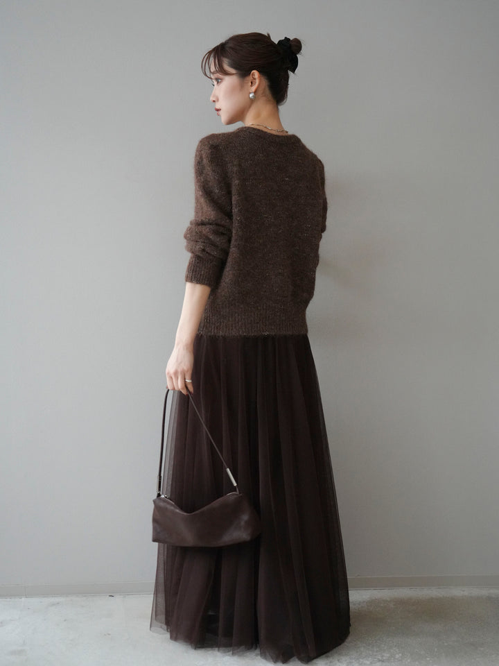 [SET]ブローチ付silverボタンミックスニットカーディガン+チュールボリュームスカート(2set)