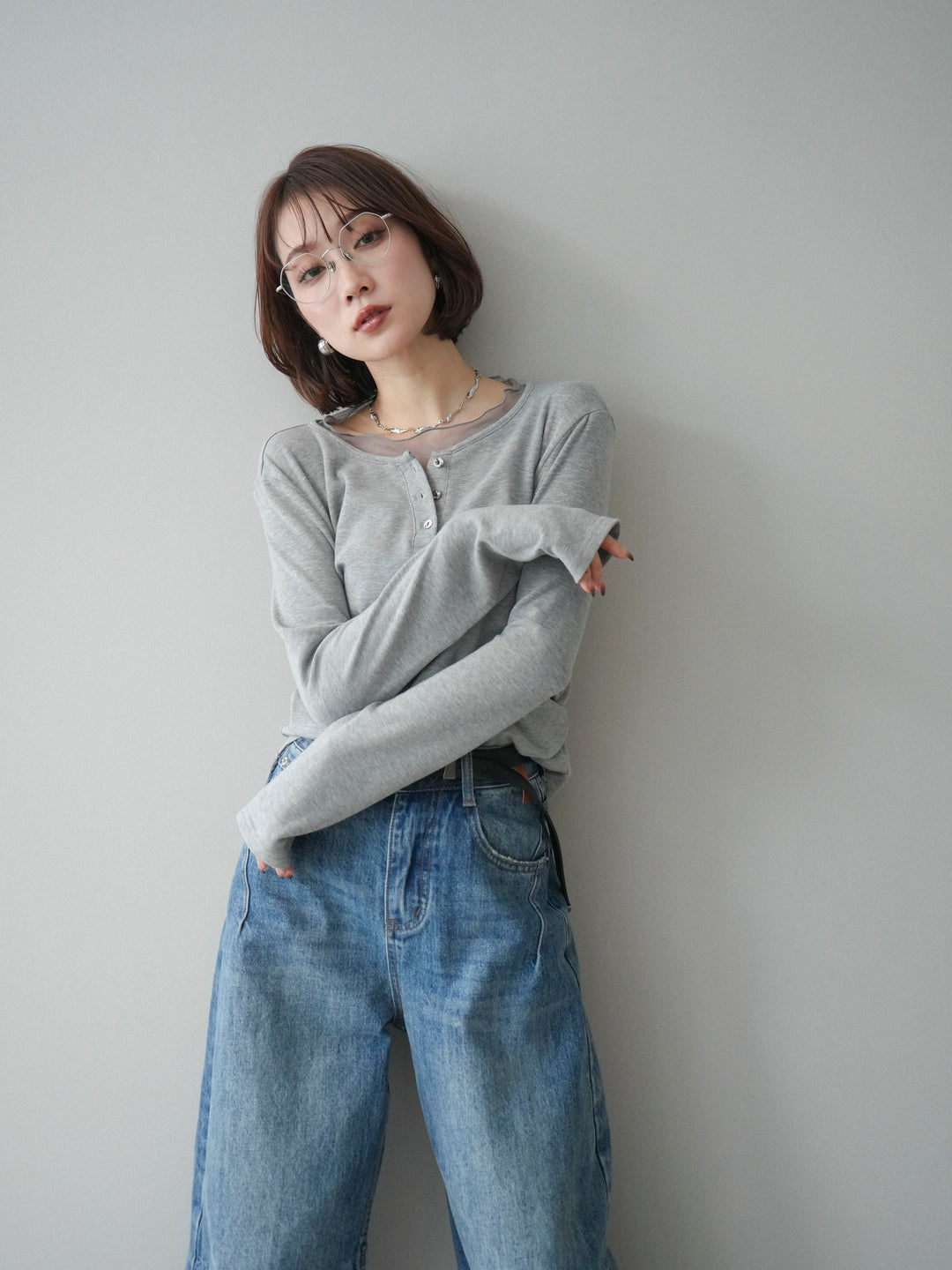 [予約]チュールレイヤードヘンリーネックカットソー/gray