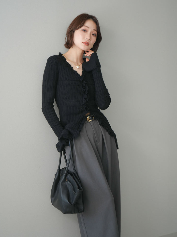 [予約]フロントフリルリブニットカーディガン/black