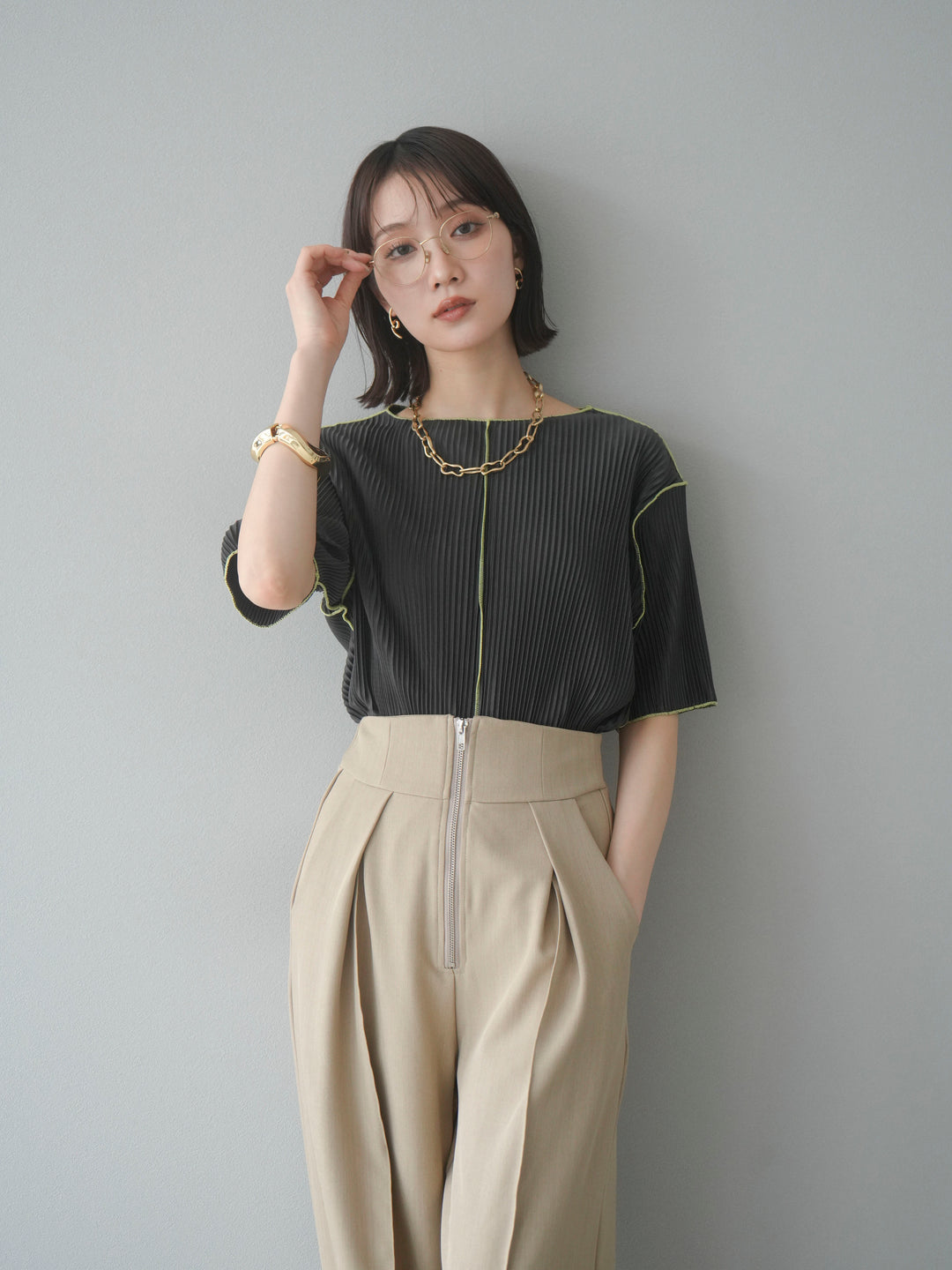 【SET】配色褶皺半袖上衣 + 配色褶皺半袖上衣 (2 件套)