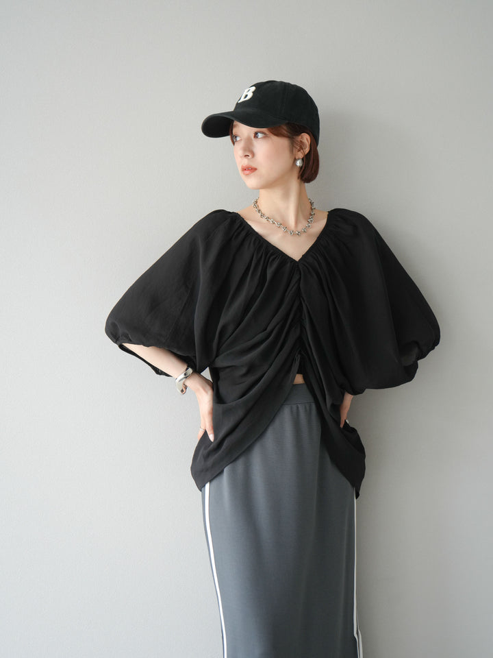 [予約]ボリュームスリーブシアータックブラウス/ブラック
