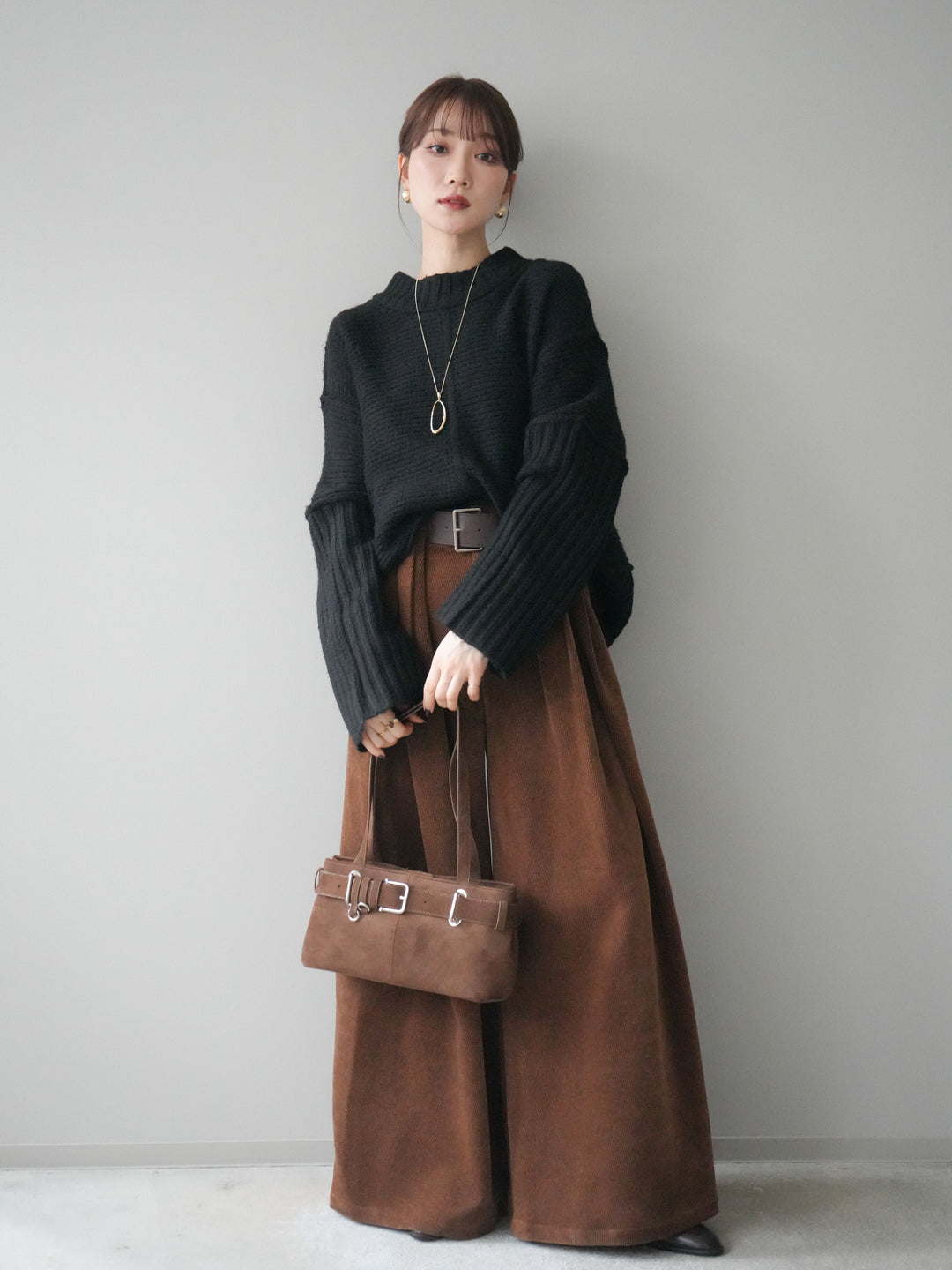 [SET]編み地切替ボトルネックニットプルオーバー+ベルトデザインループコールテンワイドパンツ(ベルト付き)(2set)
