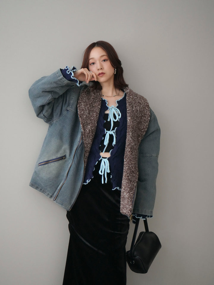 [SET]ミックスボアデニムジャケット+フロントリボン配色メローニットカーディガン+ギャザーベロアスカート(3set)