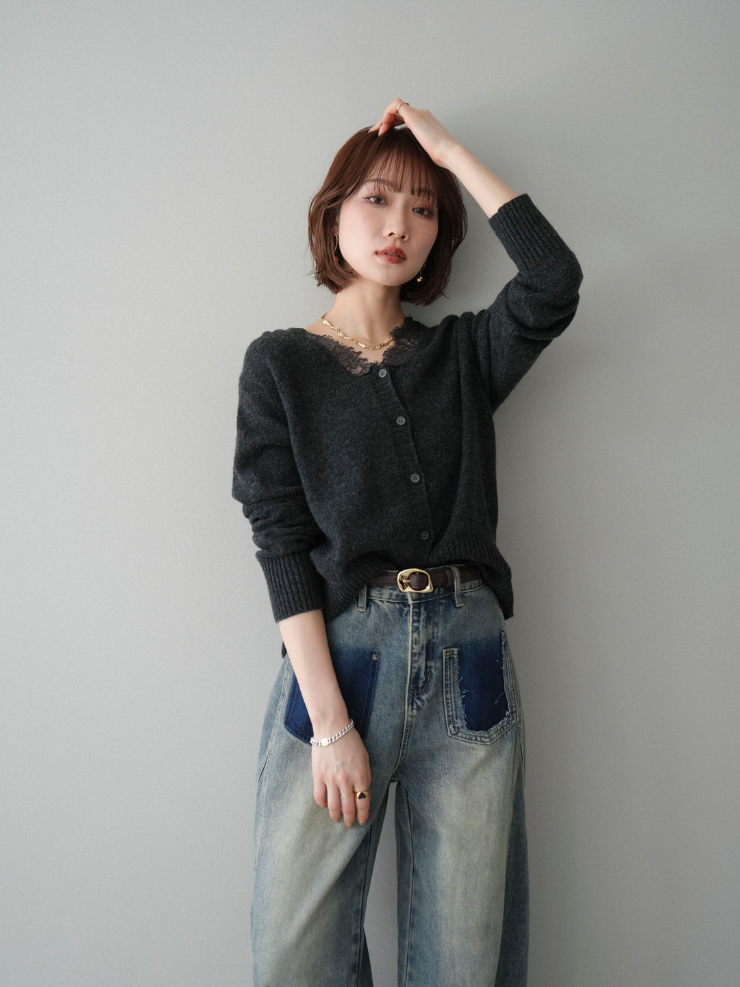 [SET]レースネックニットカーディガン+染めデザインポケットデニムパンツ(2set)