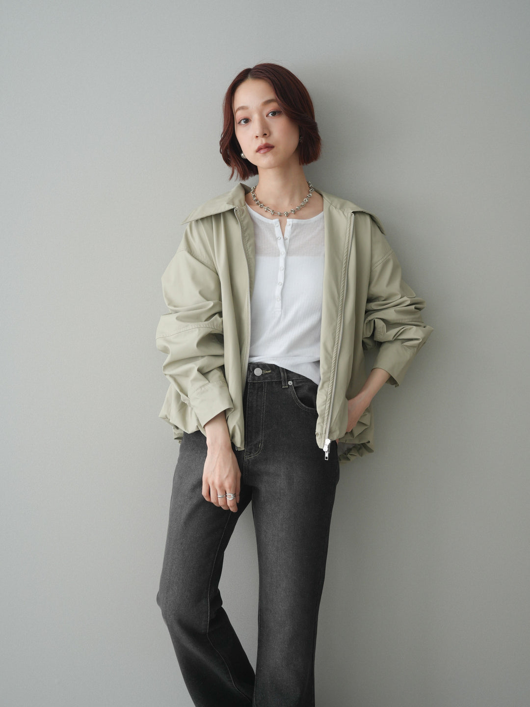 [予約]ウォッシャブルフェイクレザーバルーンジャケット/ecru