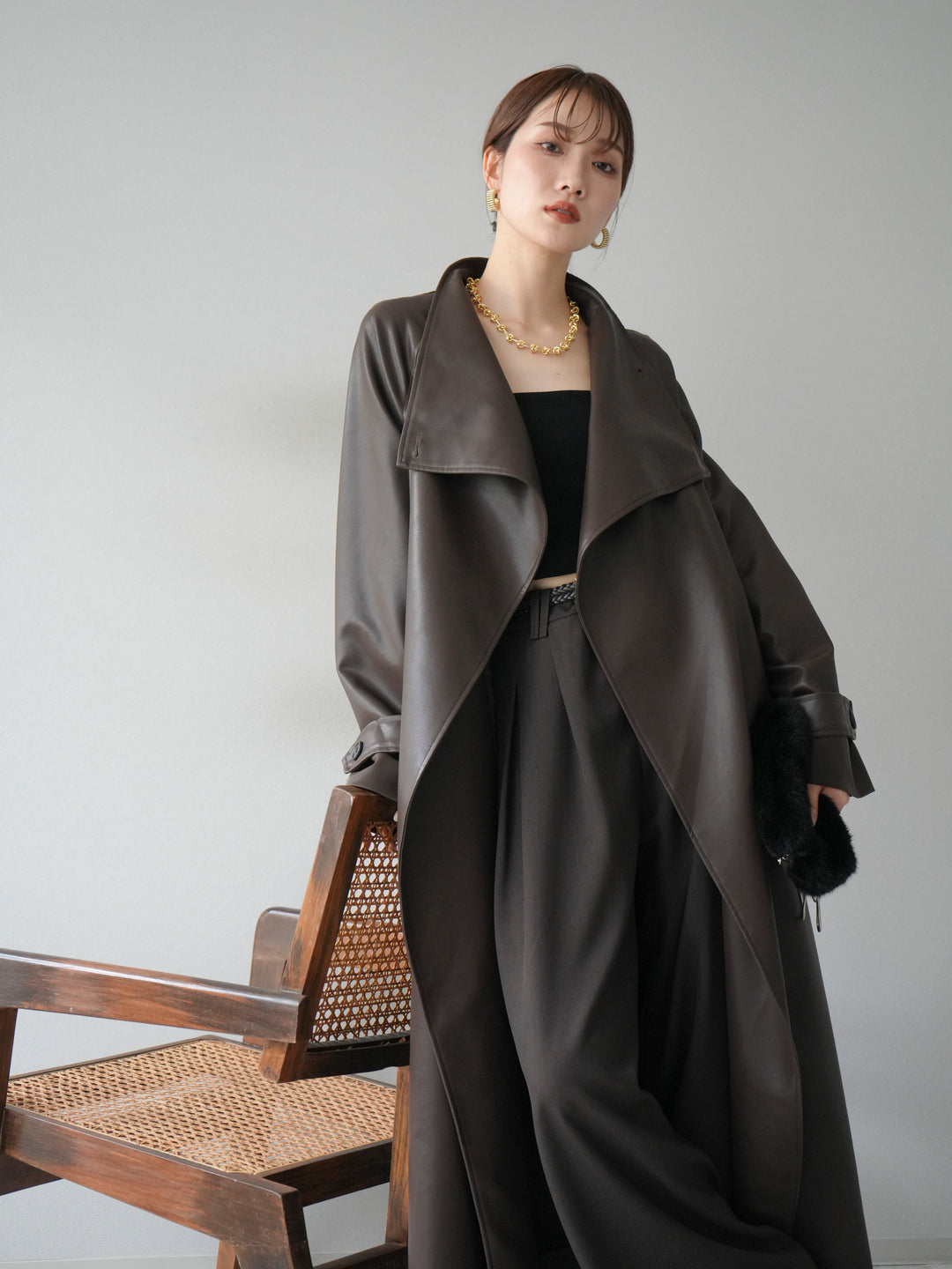 [予約]BIGカラーレザーロングコート/ブラウン