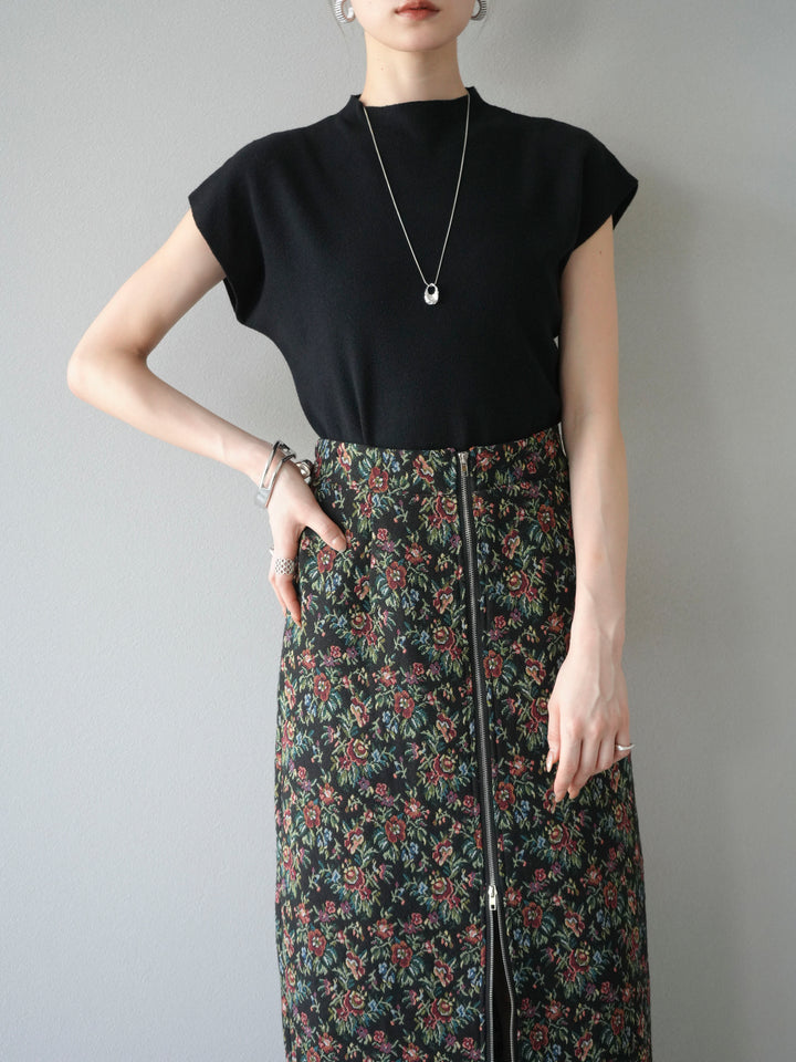 [SET]プチネックフレンチニットトップス+ゴブランフロントジップタイトスカート(2set)