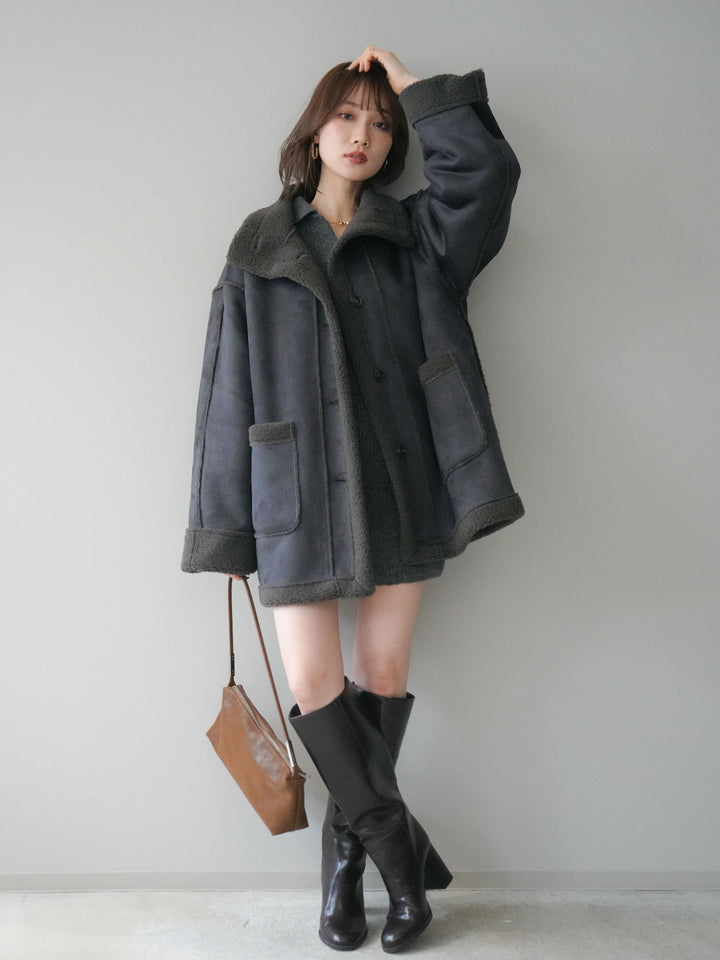 [SET]ポロニットプルオーバー＆ショートパンツSET UP+スタンドネックフェイクムートンミディアムコート(2set)