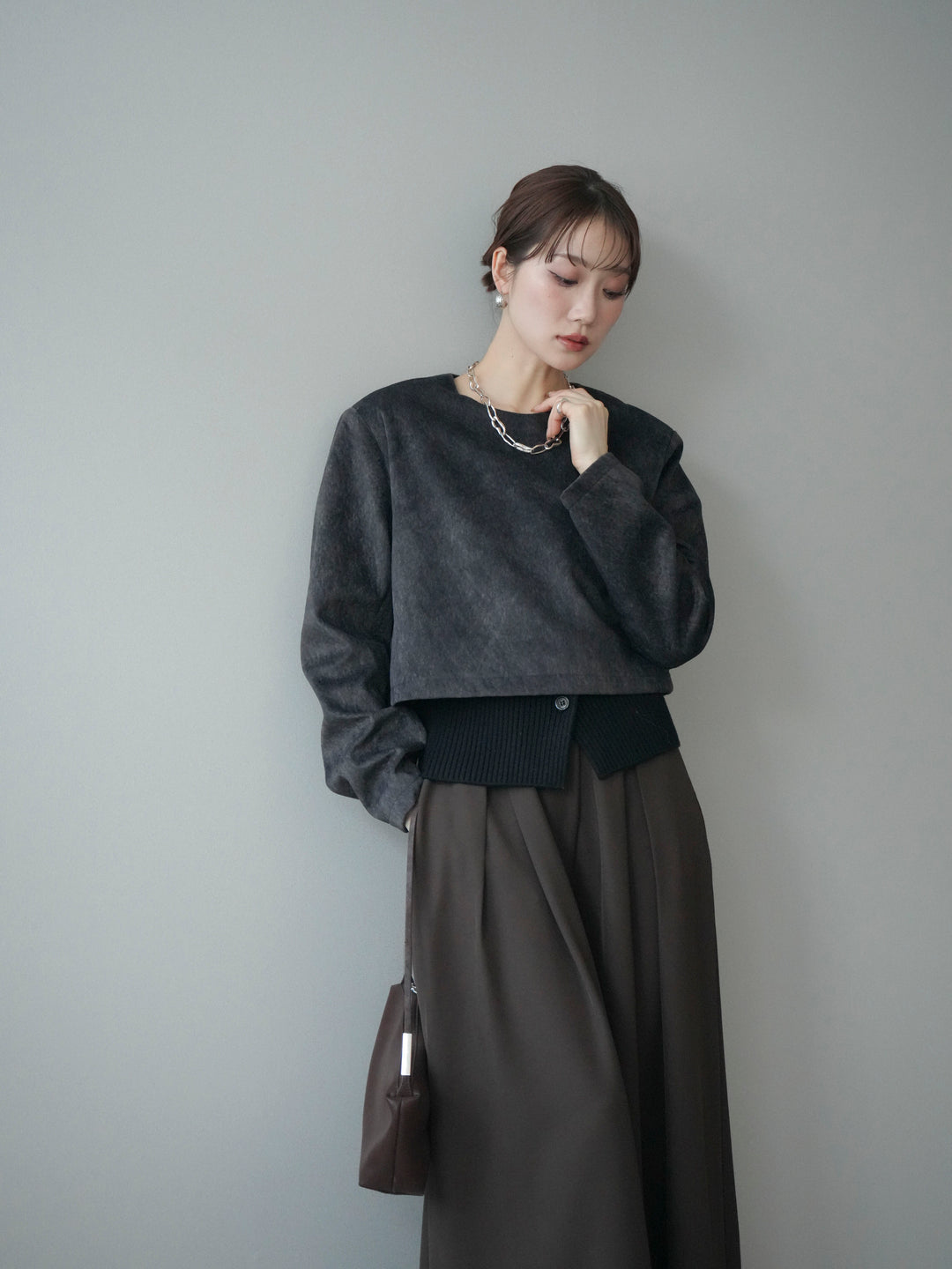 [予約]リブニットレイヤードスエードプルオーバー/charcoal