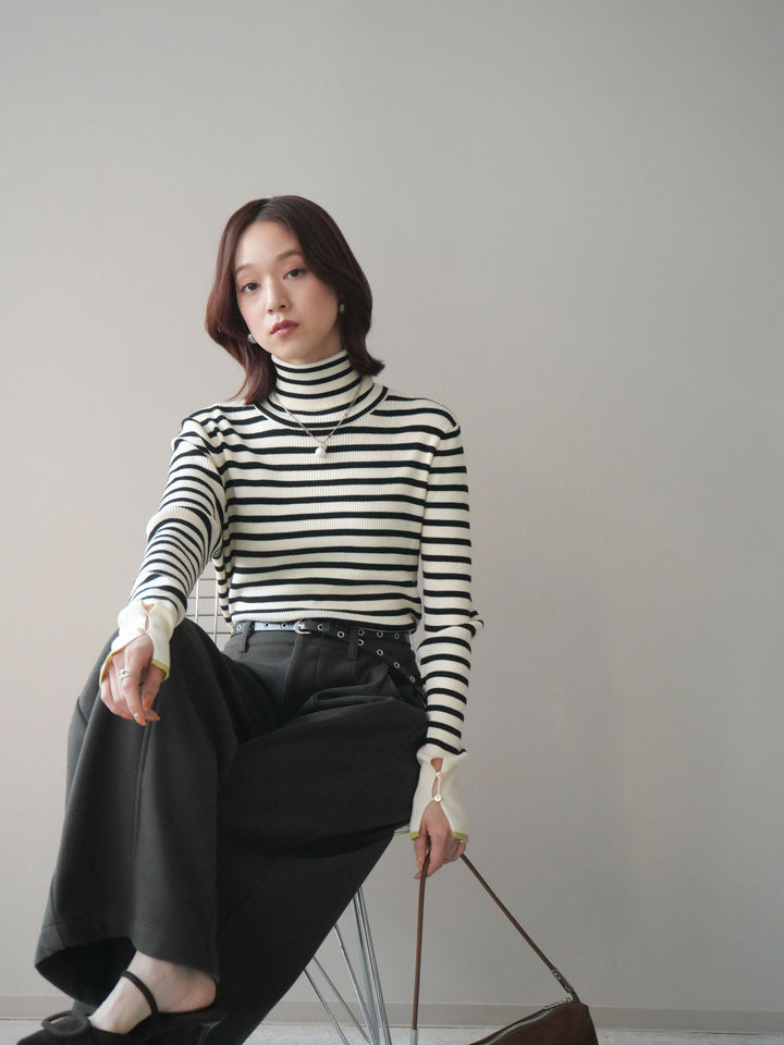 [SET]袖配色ハイネックボーダーリブニットトップス+ベルト付き裏起毛ワイドパンツ(2set)