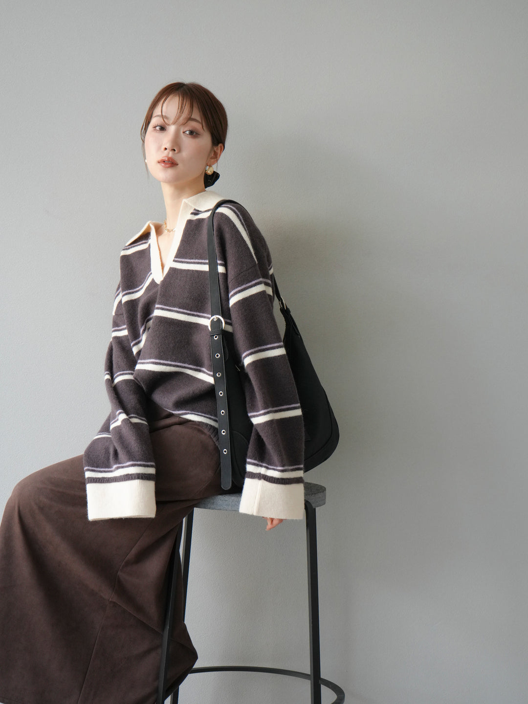 [予約]ポロ襟スキッパーボーダーニットプルオーバー/ブラウン