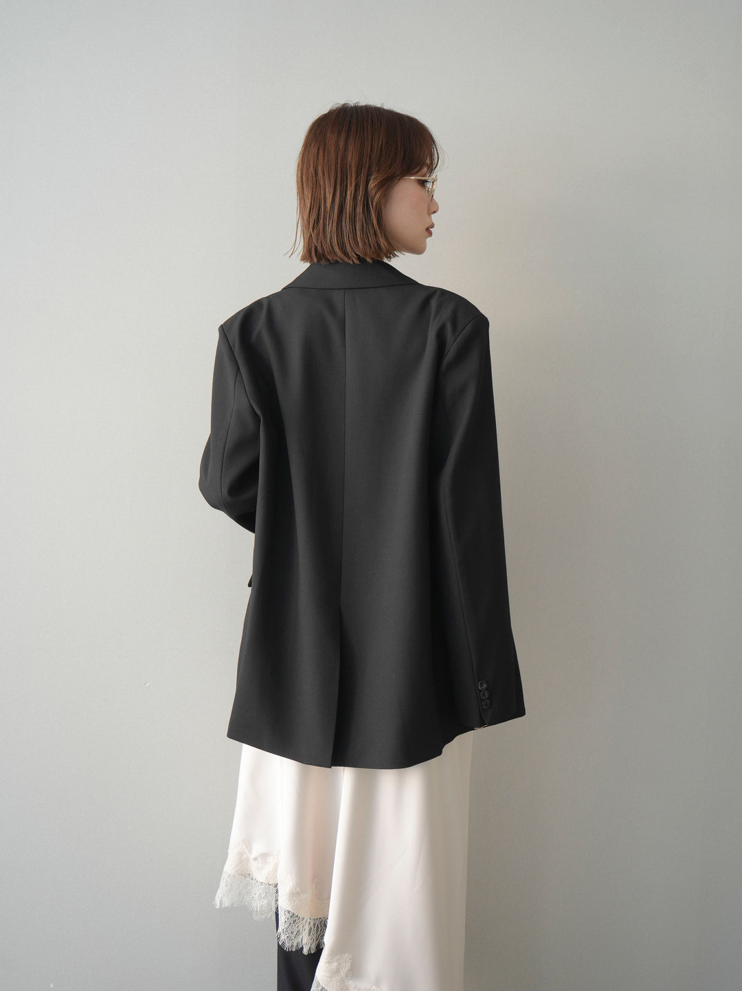 [SET]ダブルブレストオーバージャケット+レースネックジャガードニットカーディガン(2set)