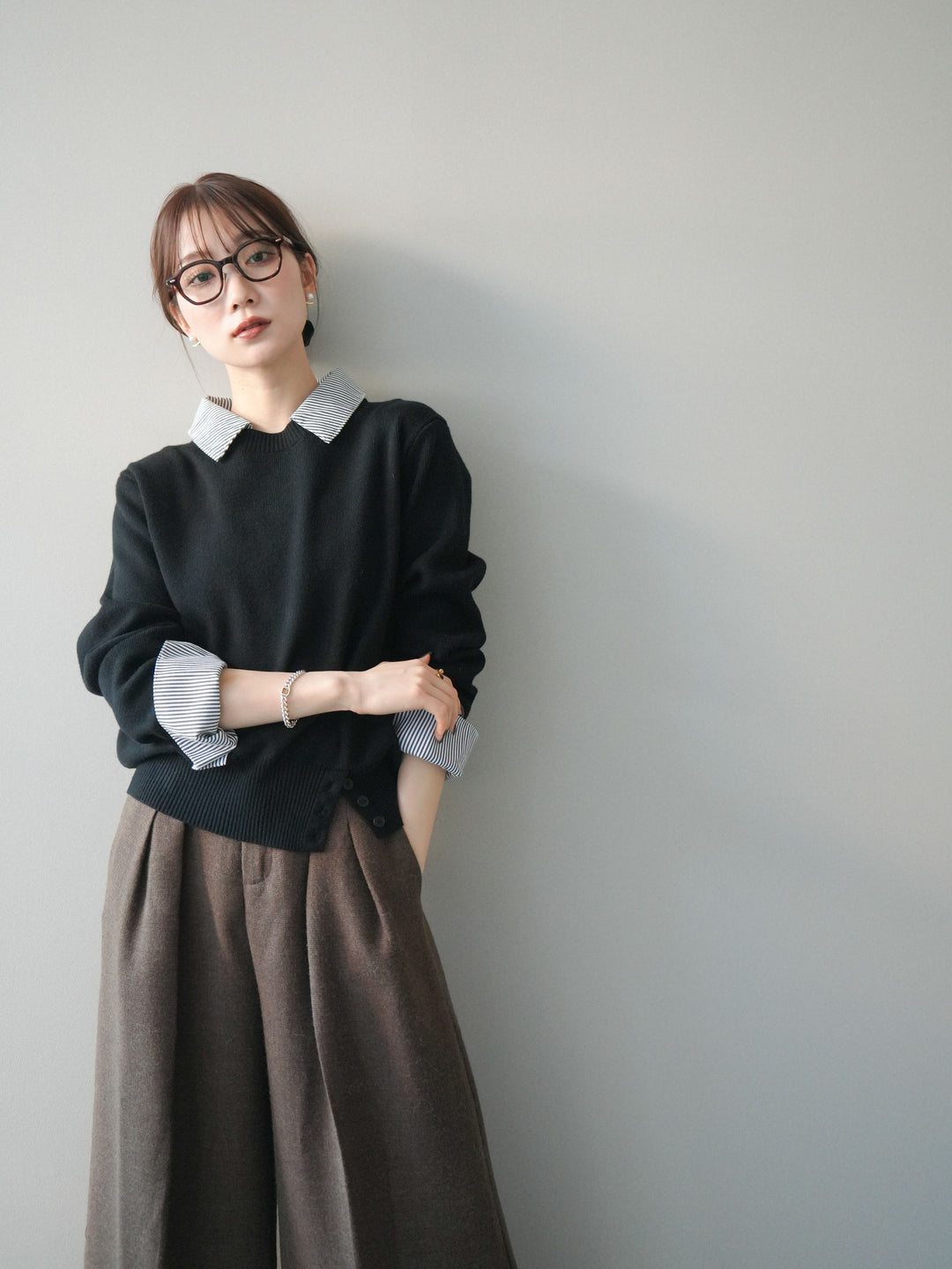 [予約]シャツドッキングデザイン裾ボタンニットプルオーバー/black