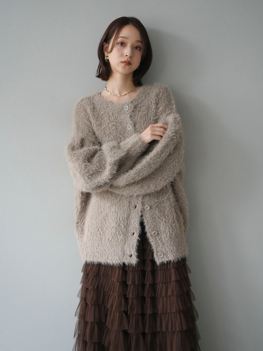 [予約]クルーネックランダムシャギーカーディガン/グレージュ