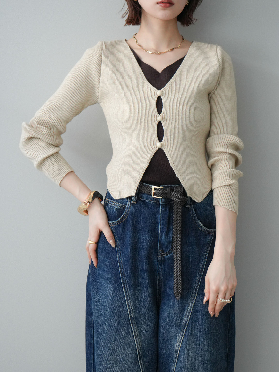 [予約]Vネック配色レイヤードスリットニットトップス/beige