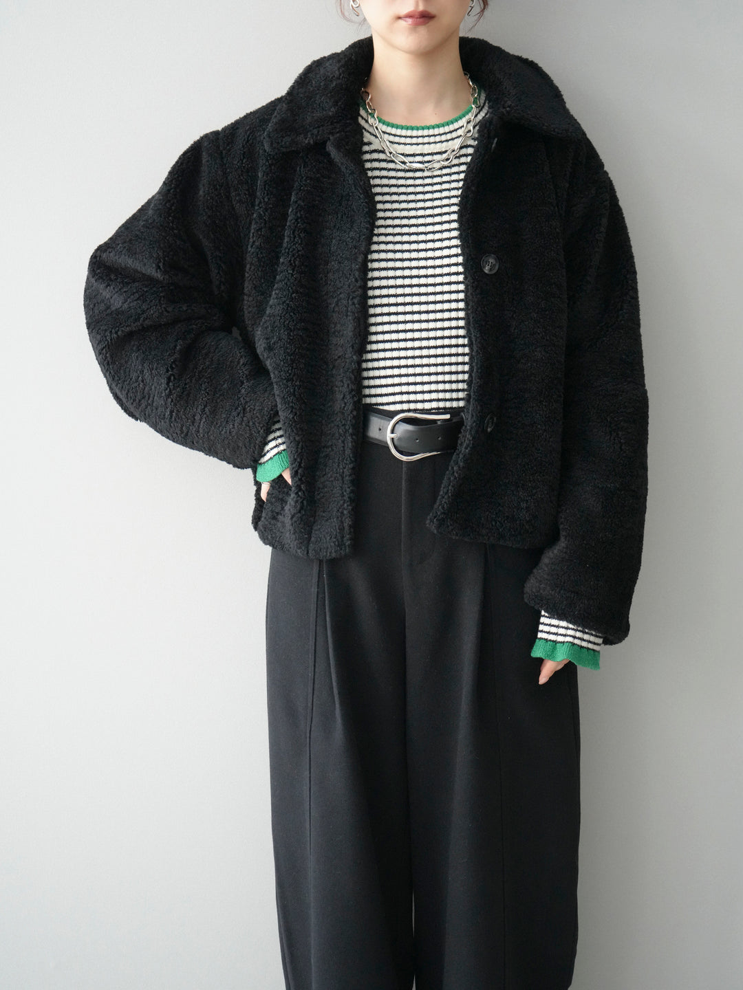 [SET]エコファーステンカラージャケット+ラメ異素材ボーダーリブニットプルオーバー(2set)