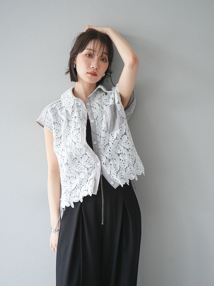 [予約]レースレイヤードドロストシャツ/グレー
