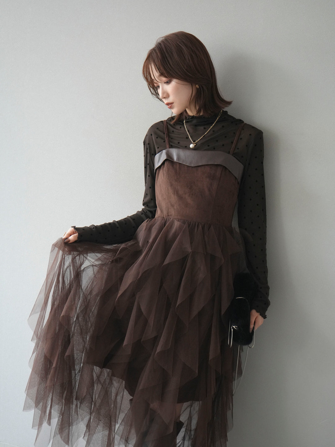 [予約]レザー切替チュールラッフルワンピース/brown