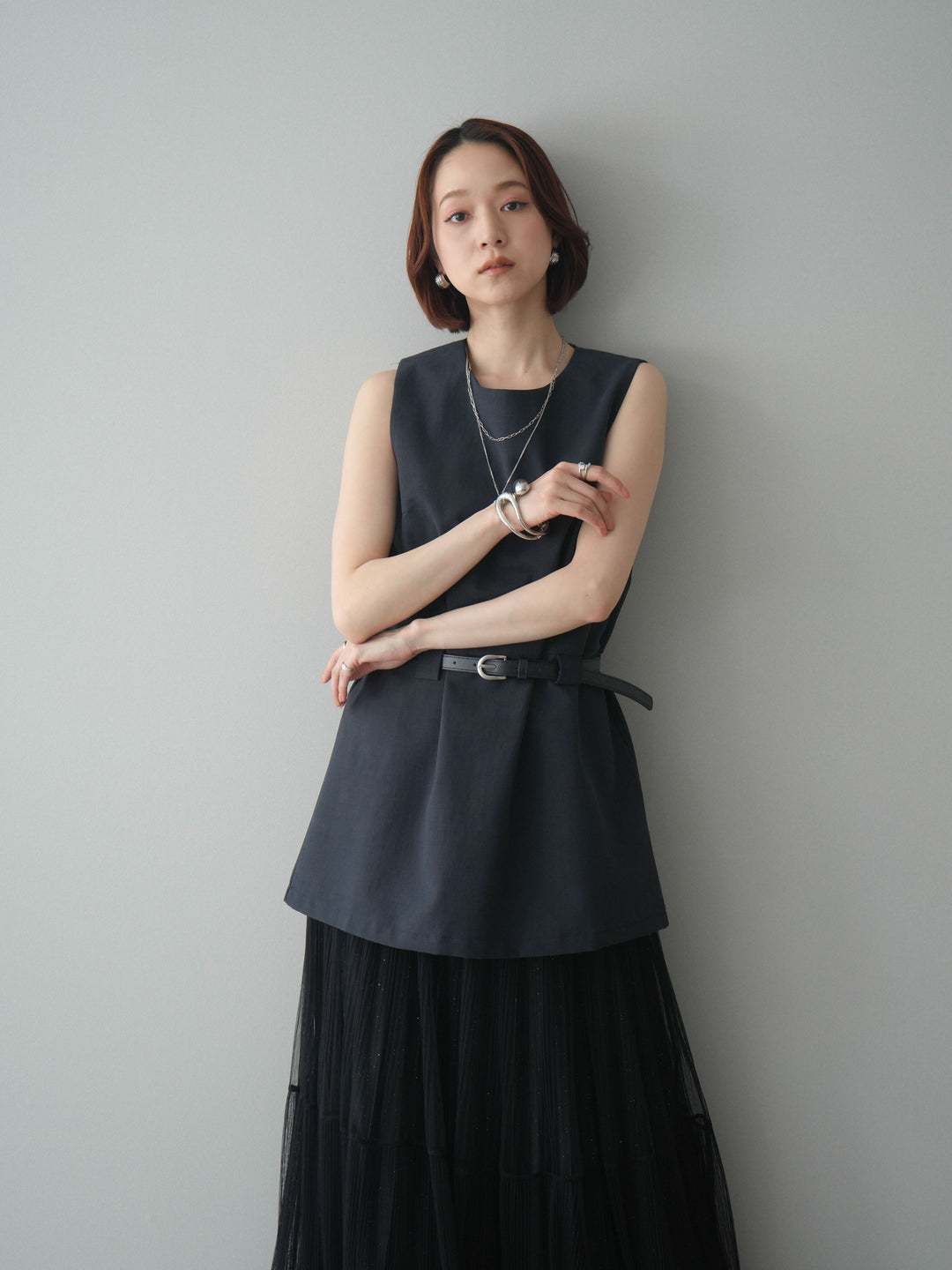 [SET]ベルト付リネンライクノースリチュニック+ベルト付リネンライクノースリチュニック(2set)