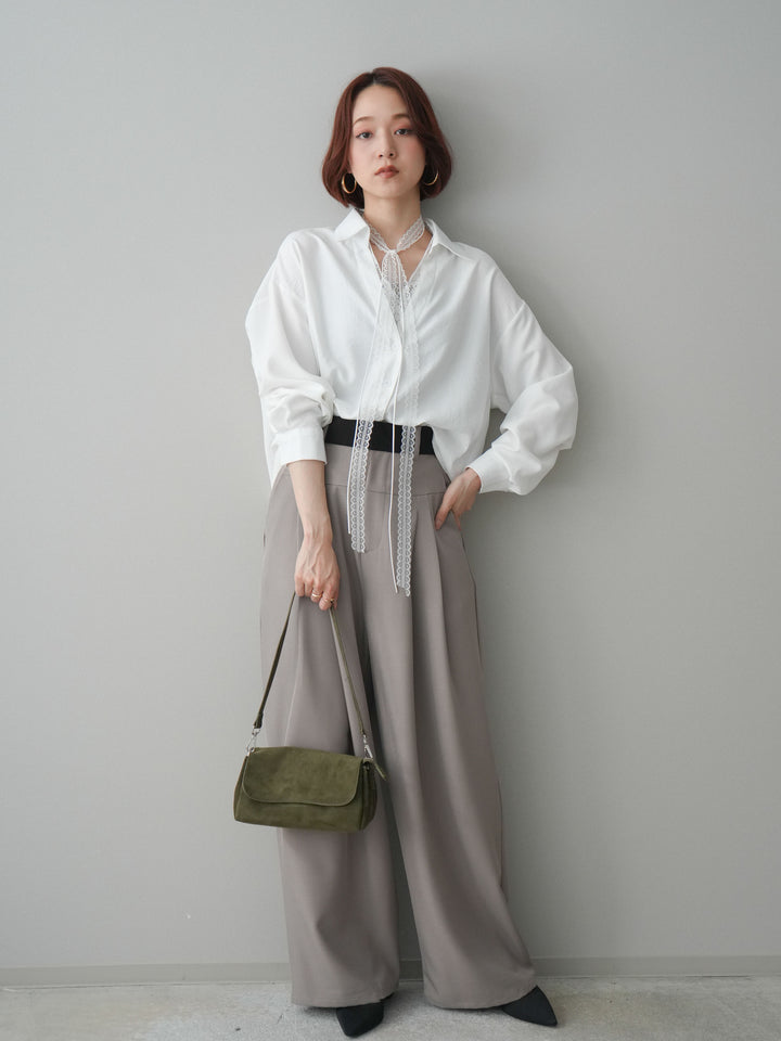 [予約]ウエストバイカラータックワイドパンツ/greige