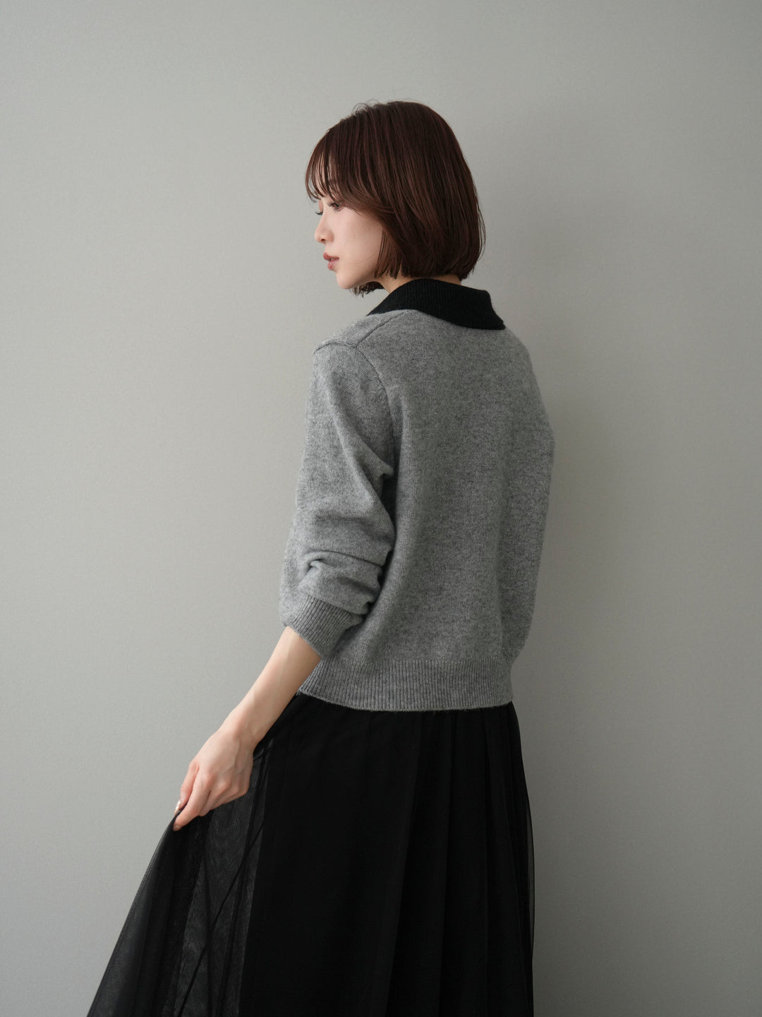 [予約]デザイン襟ニットカーディガン/gray