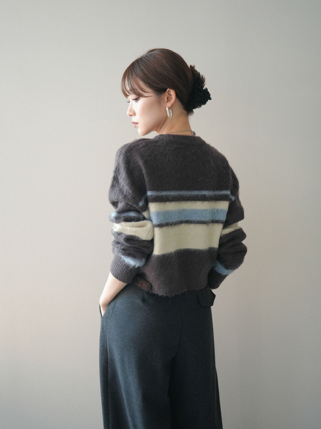 [予約]ソフトタッチボーダークロップドニットプルオーバー/brown