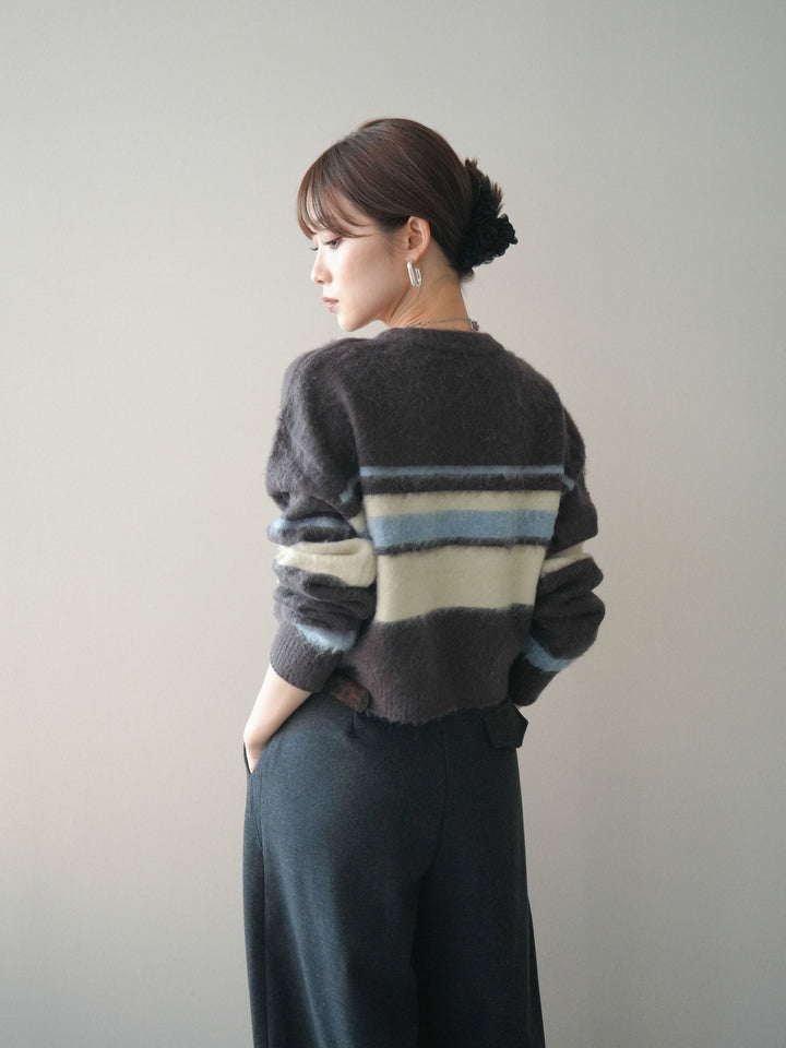 [予約]ソフトタッチボーダークロップドニットプルオーバー/brown