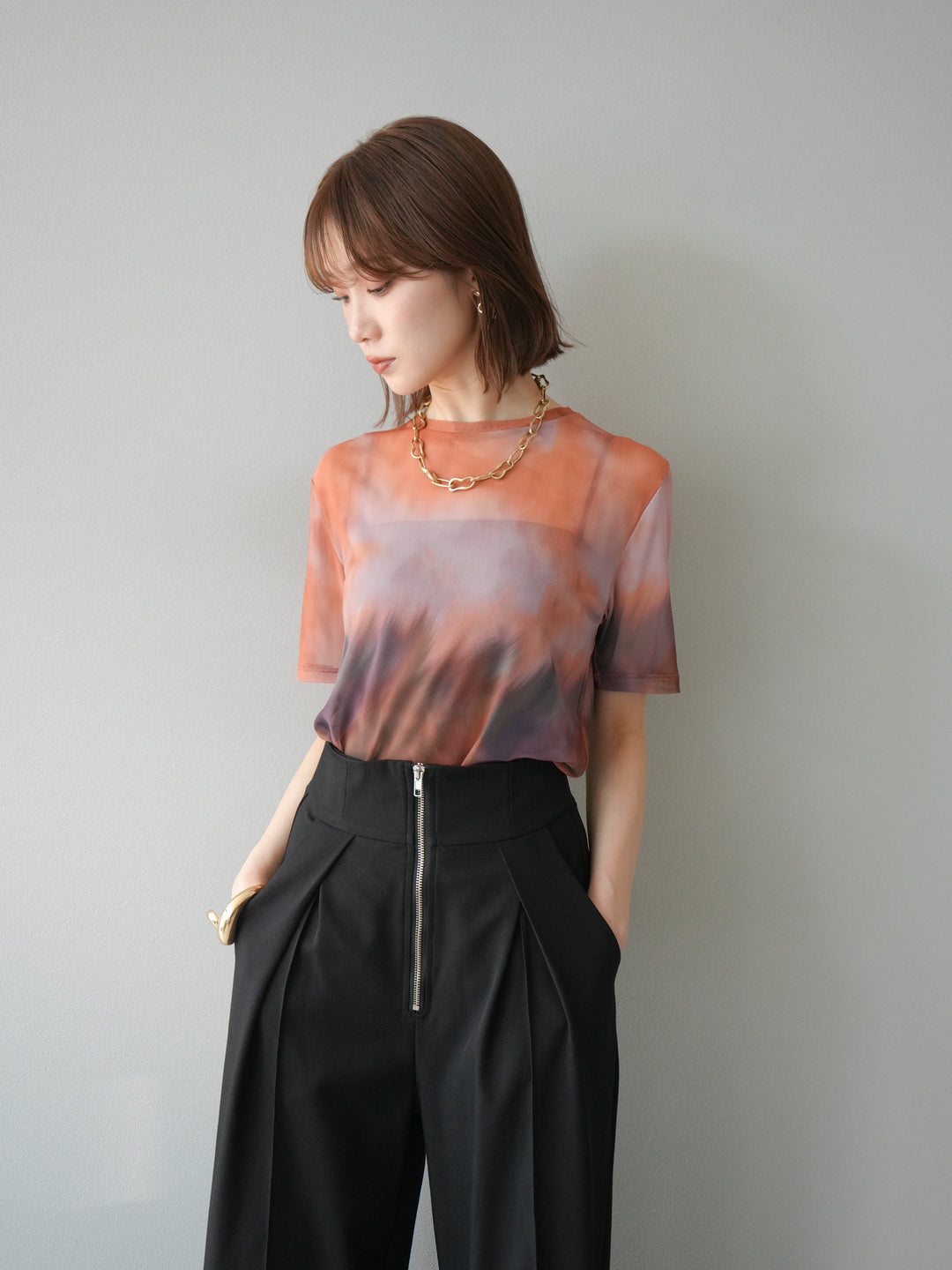 [予約]タイダイ柄シアーハーフトップス/オレンジ