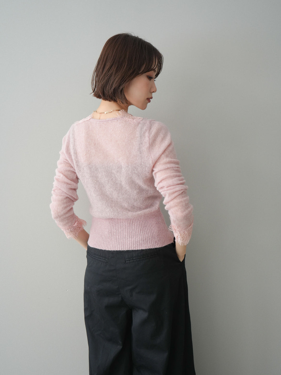 【預購】馬海毛觸感蕾絲針織開襟衫 / 粉紅色