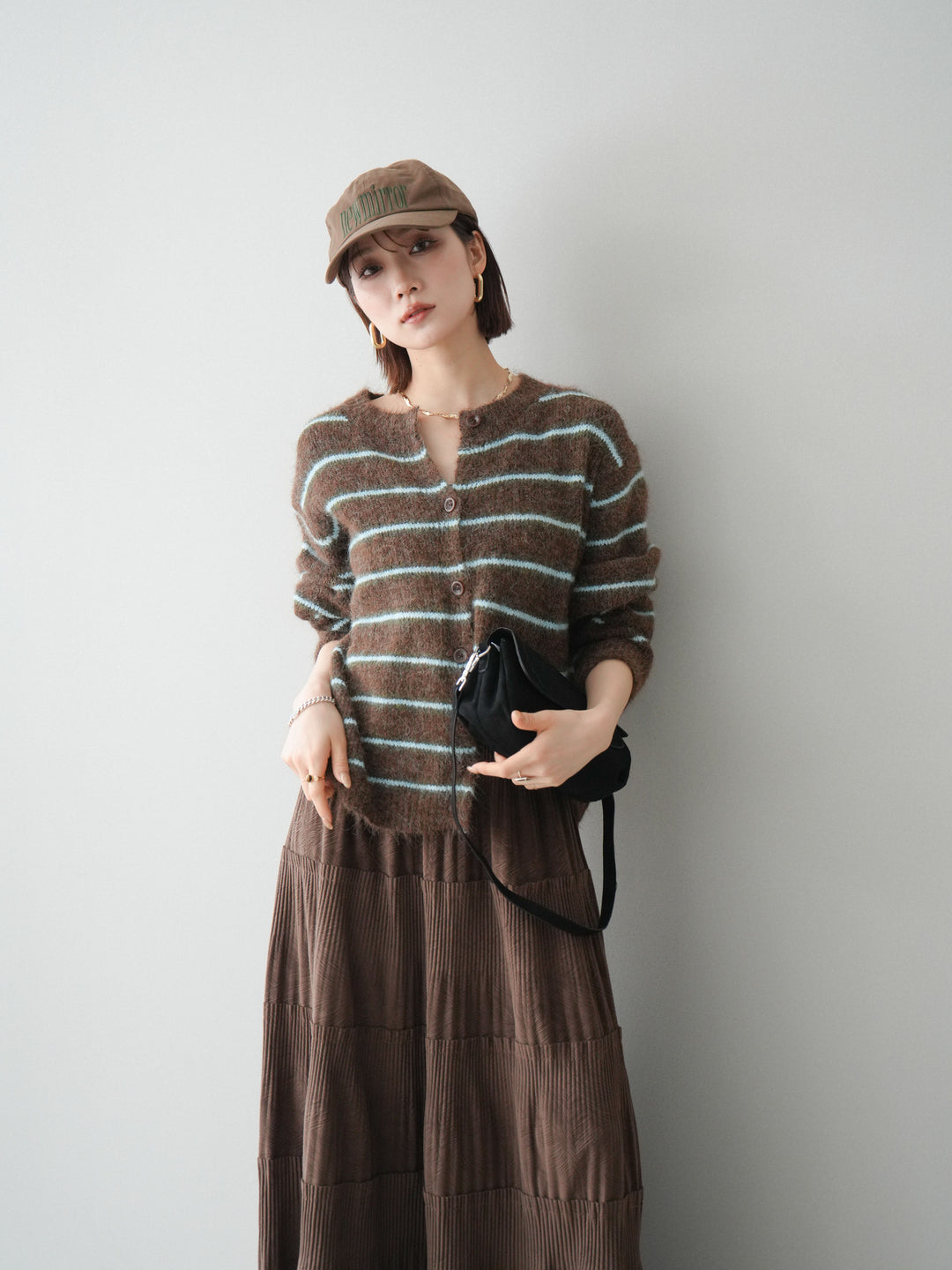 [予約]ボーダーシャギーニットカーディガン/brown