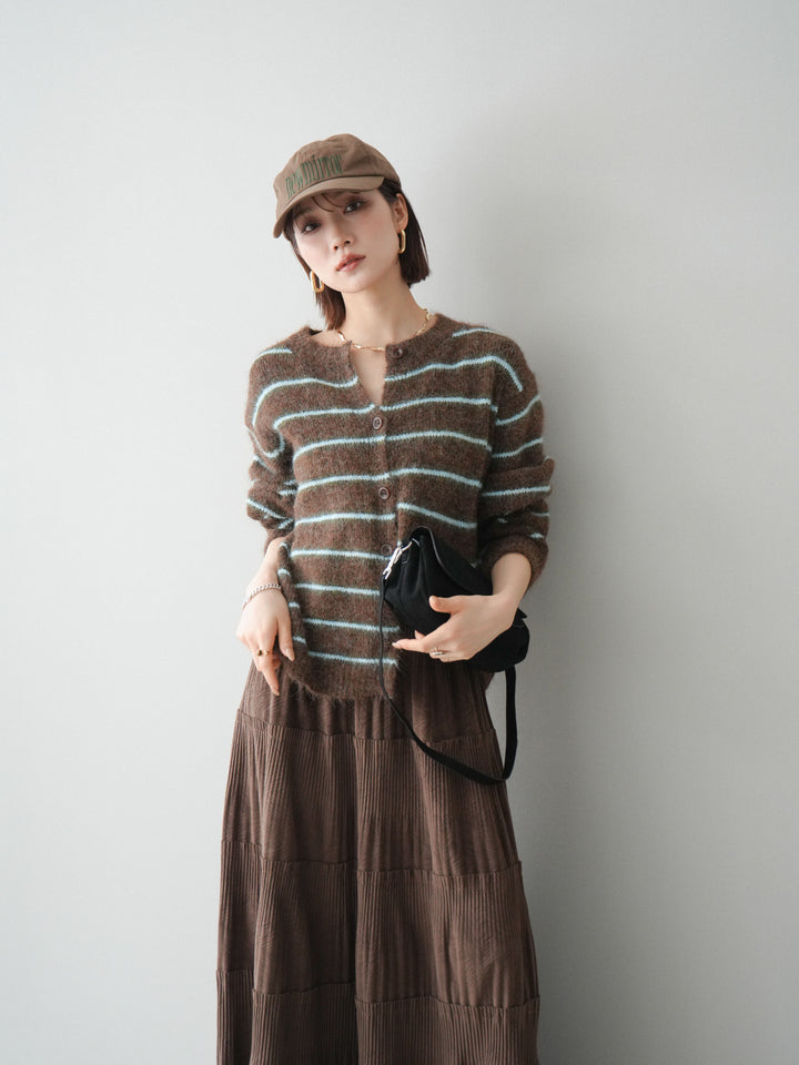 [予約]ボーダーシャギーニットカーディガン/brown