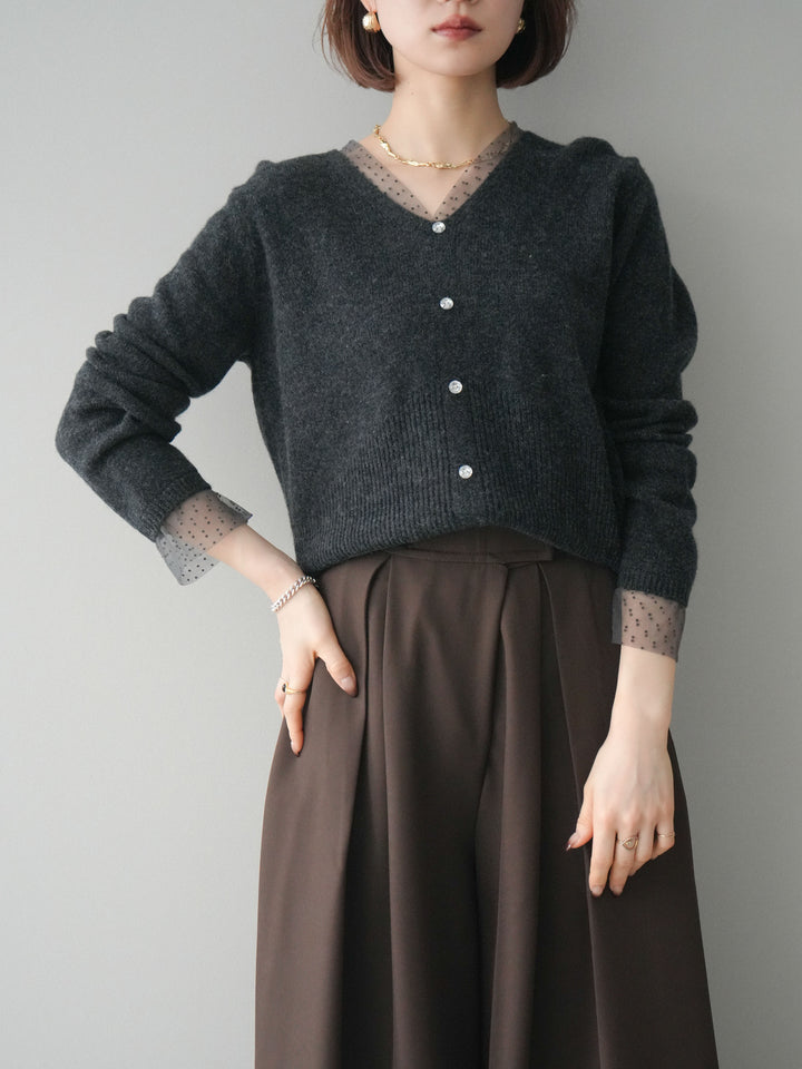 [SET]ドットチュールレイヤードボタンニットトップス+テープベルトタックバギーパンツ(2set)