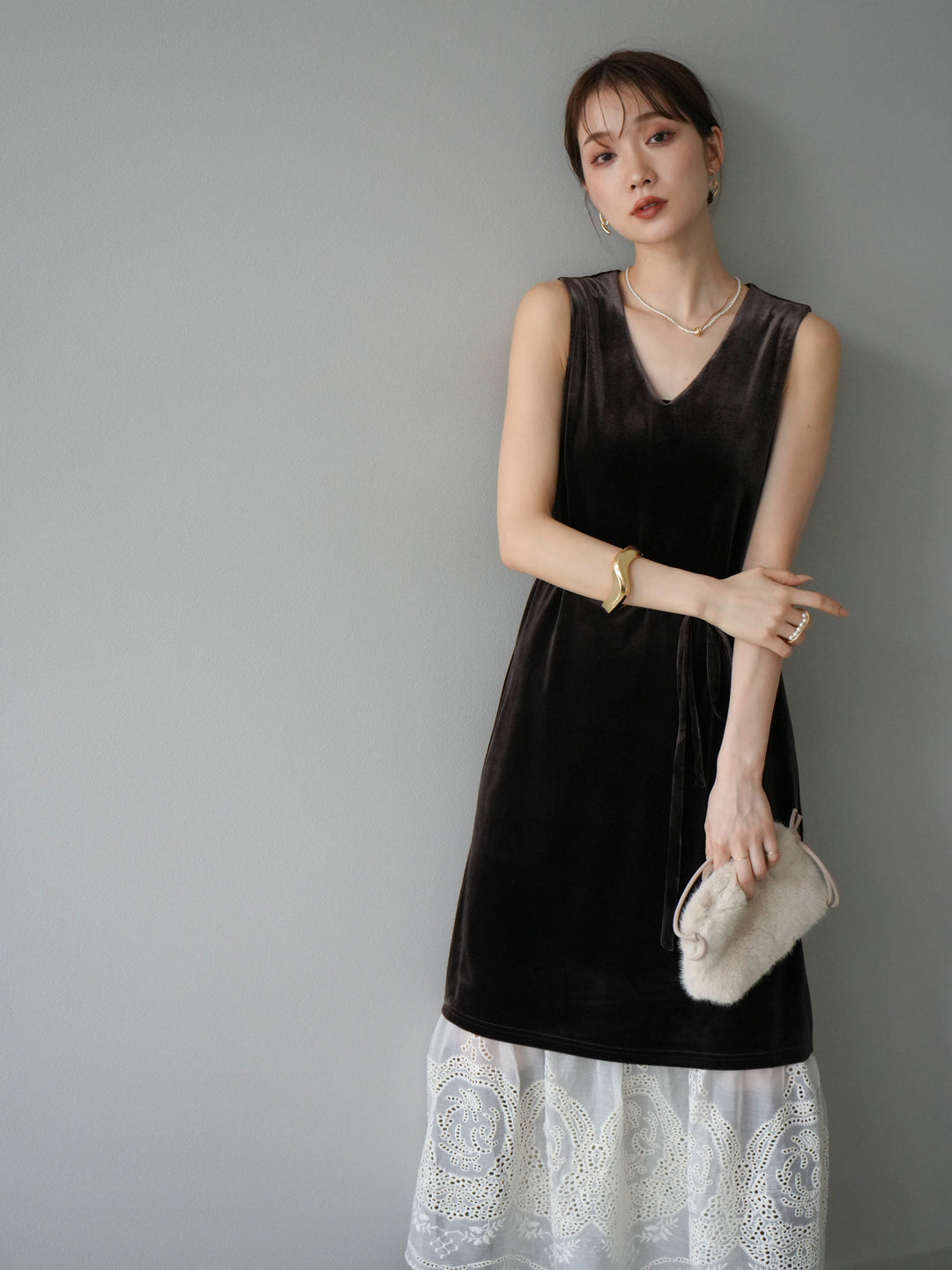 [予約]裾コットンレースベロアワンピース/ブラウン