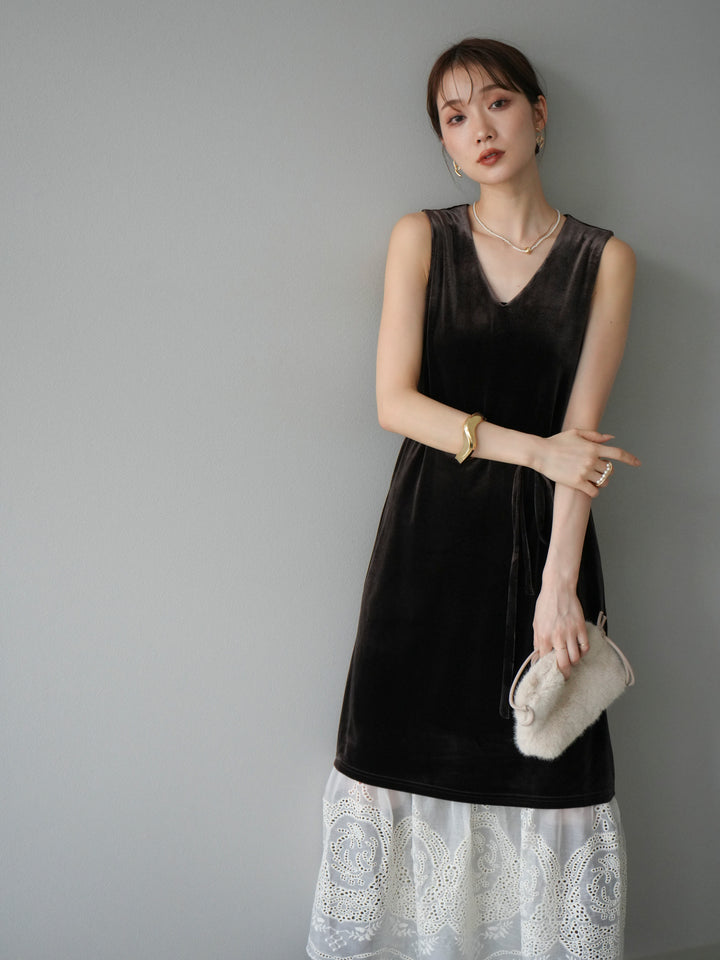 [予約]裾コットンレースベロアワンピース/ブラウン